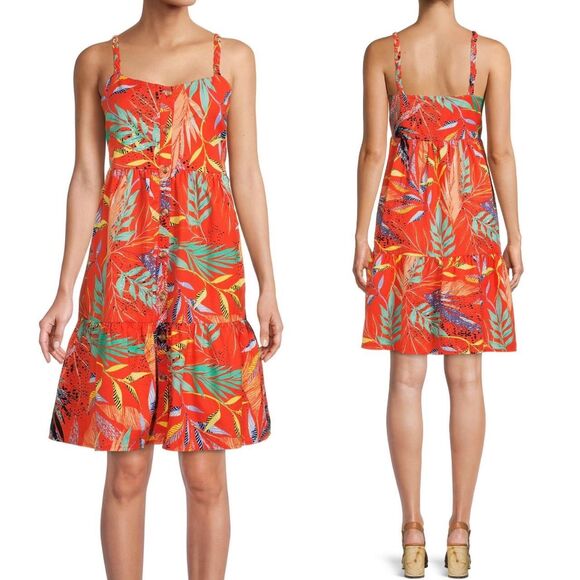 Orange Print Dress Beach Lunch Lounge Cotton Linen Rayon XL - Picture 1 of 8